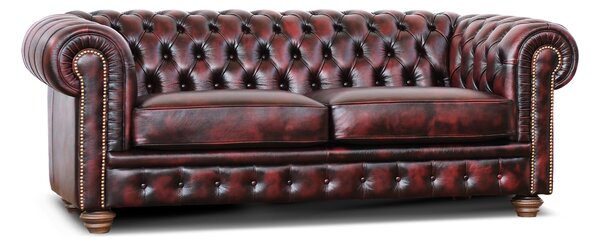 Divano Chesterfield pelle fiore bordeaux stile old America rifinita a mano