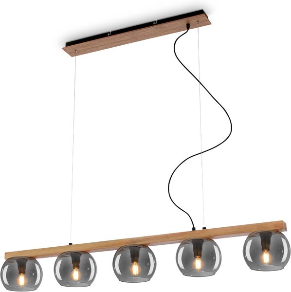 Lampada a sospensione, con legno, vetro fumé, 5xE14/max.1