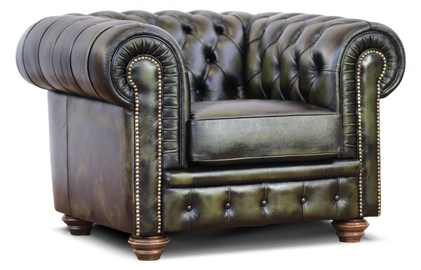 Poltrona Chester pelle fiore verde stile old America rifinita a mano