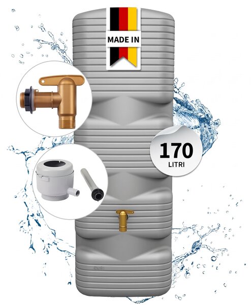 4rain QUADRO serbatoio da parete set completo 170 litri grigio cemento incl. rubinetto in plastica e raccordo pluviale
