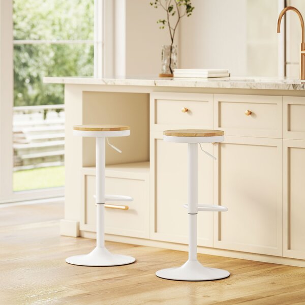HOMCOM Set 2 sgabelli da bar, regolabili in altezza, girevoli 360°, struttura in acciaio, poggiapiedi, 38,5x38,5x60-80 cm, Legno naturale+Bianco | Aosom Italy