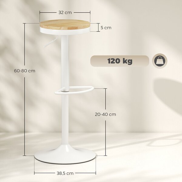 HOMCOM Set 2 sgabelli da bar, regolabili in altezza, girevoli 360°, struttura in acciaio, poggiapiedi, 38,5x38,5x60-80 cm, Legno naturale+Bianco | Aosom Italy