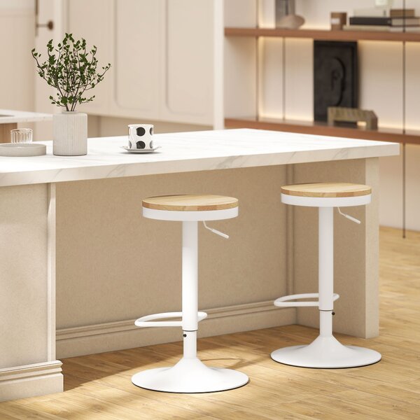 HOMCOM Set 2 sgabelli da bar, regolabili in altezza, girevoli 360°, struttura in acciaio, poggiapiedi, 38,5x38,5x60-80 cm, Legno naturale+Bianco | Aosom Italy