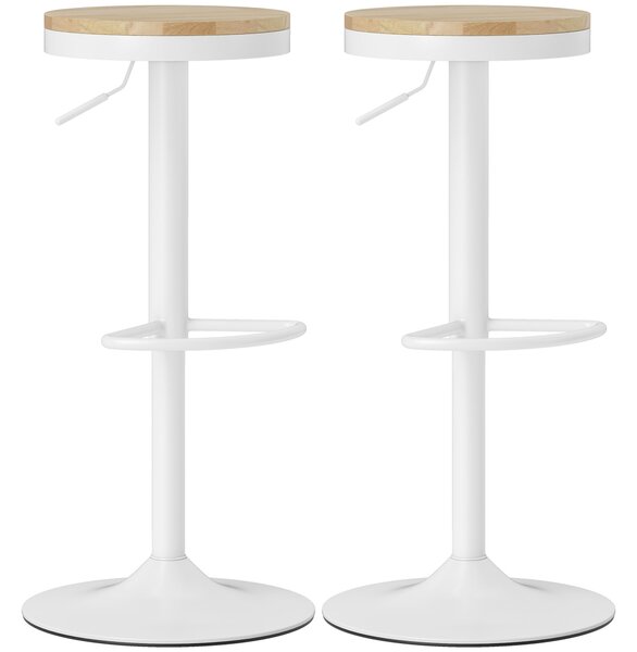 HOMCOM Set 2 sgabelli da bar, regolabili in altezza, girevoli 360°, struttura in acciaio, poggiapiedi, 38,5x38,5x60-80 cm, Legno naturale+Bianco | Aosom Italy