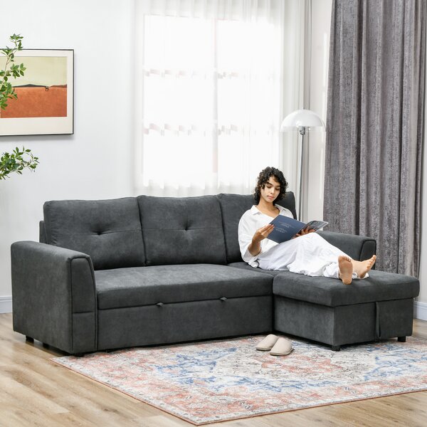 HOMCOM Divano Letto 3 Posti con Funzione Letto e Chaise Longue, Grigio Scuro | Aosom Italy