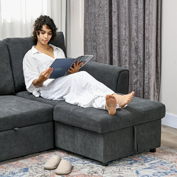 HOMCOM Divano Letto 3 Posti con Funzione Letto e Chaise Longue, Grigio Scuro | Aosom Italy