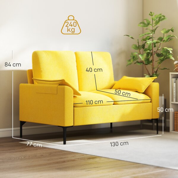 HOMCOM Divano 2 Posti Moderno con Cuscini e Rivestimento in Tessuto Spugna, 130x77x84 cm, Giallo | Aosom Italy