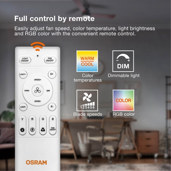 Osram - lampada LED RGB dimmerabile CIERZO con ventilatore, 35W/230V, 3000-6500K + telecomando