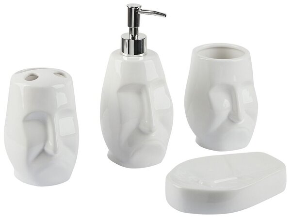 Set di 4 Accessori Bagno in Ceramica bianca a forma di faccia dispenser  sapone porta sapone Portaspazzolino recipiente Beliani