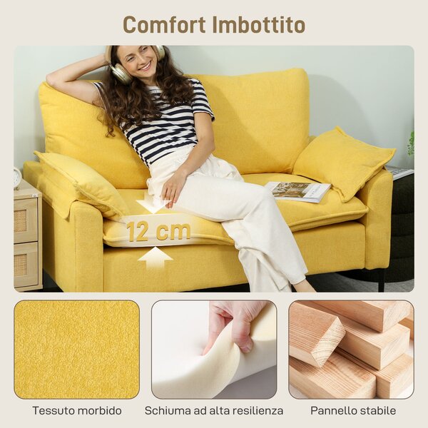 HOMCOM Divano 2 Posti Moderno con Cuscini e Rivestimento in Tessuto Spugna, 130x77x84 cm, Giallo | Aosom Italy