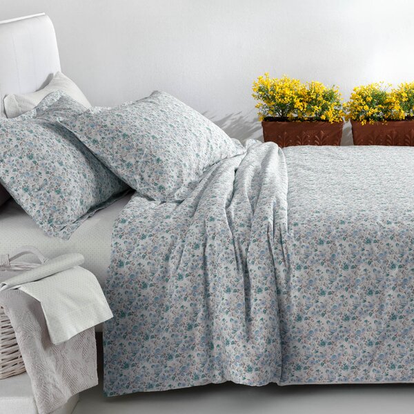 Copripiumino Con Federe MATRIMONIALE - 255X255 2 FEDERE50X80 Bouquet AZZURRO Percalle Caleffi