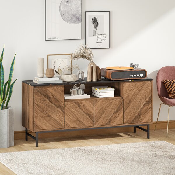 HOMCOM Mobile TV in legno con vano aperto e passacavi, effetto marmo, 140x39x66cm, Marrone | Aosom Italy