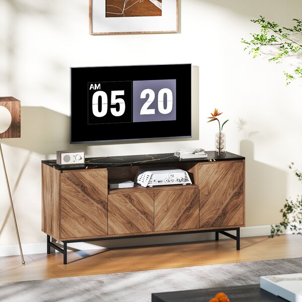 HOMCOM Mobile TV in legno con vano aperto e passacavi, effetto marmo, 140x39x66cm, Marrone | Aosom Italy