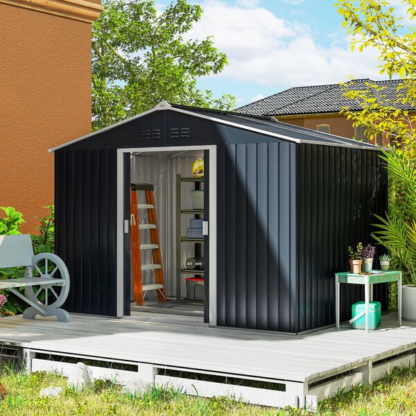 Outsunny Casetta Porta Attrezzi in Acciaio con Tetto Inclinato e 2 Porte Scorrevoli, 277x195x192 cm, Grigio Scuro | Aosom Italy