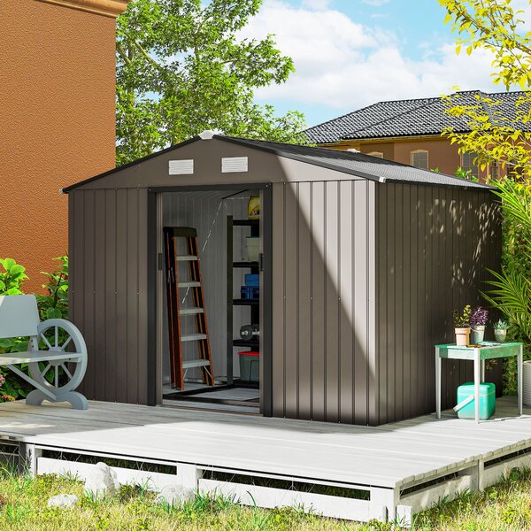 Casetta Box da Giardino Porta Attrezzi 277x195x192 cm con Porte Scorrevoli in Acciaio Marrone