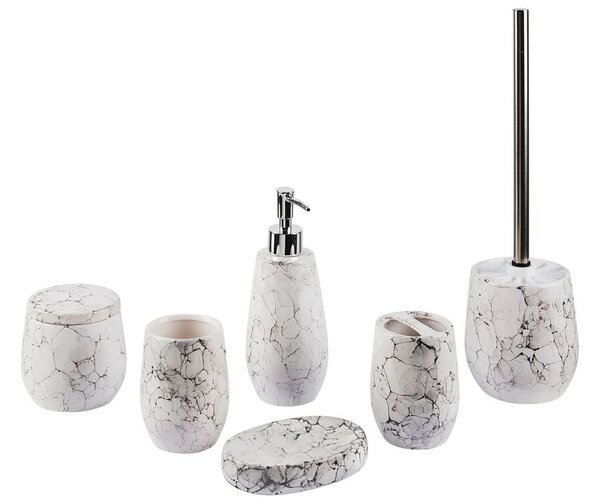 Set di 6 Accessori Bagno in Ceramica bianca dispenser sapone porta sapone bicchiere portaspazzolini contenitore scopino bagno Beliani