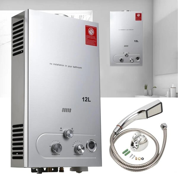 Scaldacqua - Scaldacqua istantaneo a gas - Propano - Capacità 1000 L - Acciaio inossidabile - Per il campeggio - Con set doccia - Grigio chiaro