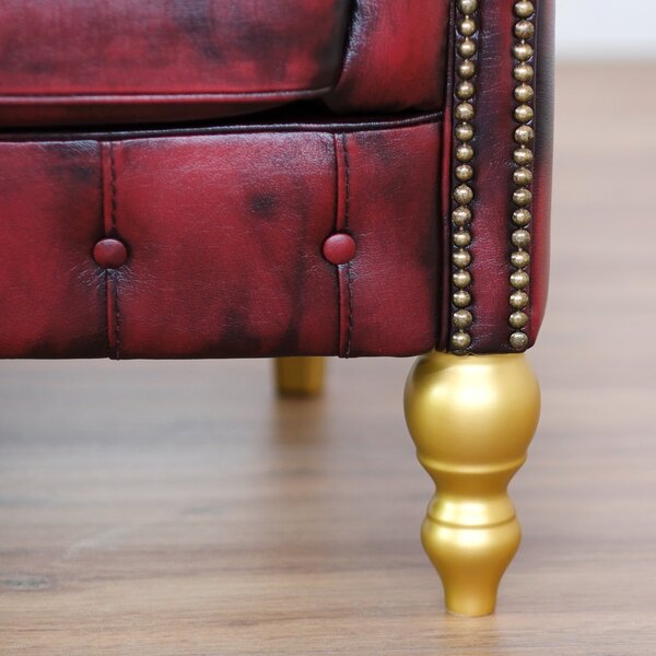 Poltrona Chesterina Pelle Bordeaux stile Old America - Borchie e Gambe Oro Anticato
