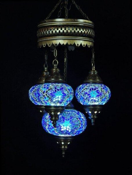 Lampada a sospensione turca in vetro mosaico a 4 sfere, blu – Lampadari orientali per un'illuminazione d'atmosfera