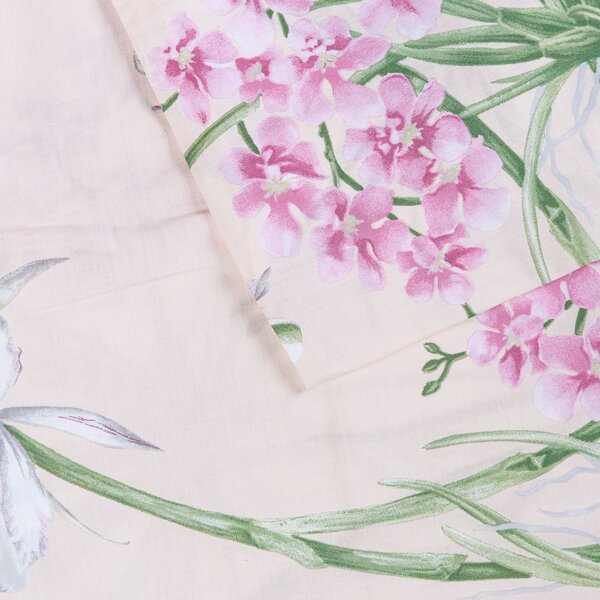 Completo Copripiumino In Percalle Orchidee Matrimoniale - 255X255 175X205 + 2 Federe 50X80 Emporium Floreale Rosa Caleffi