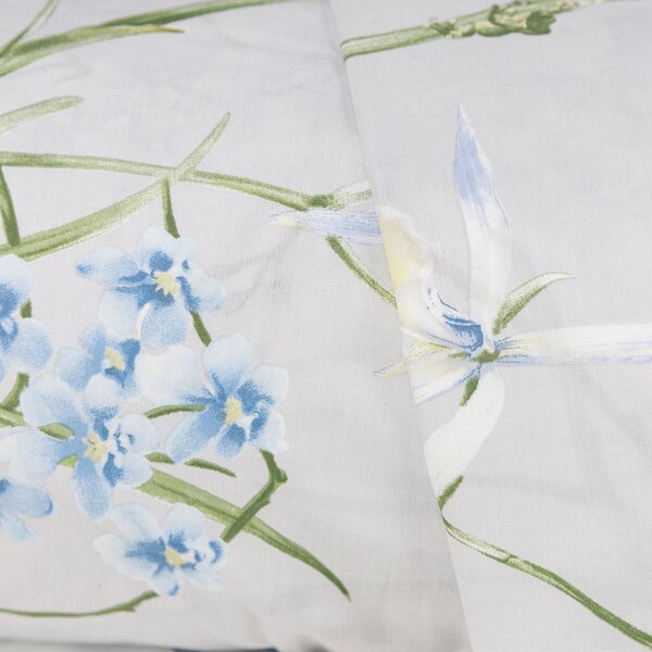 Completo Copripiumino In Percalle Orchidee Matrimoniale - 255X255 175X205 + 2 Federe 50X80 Emporium Floreale Azzurro Caleffi