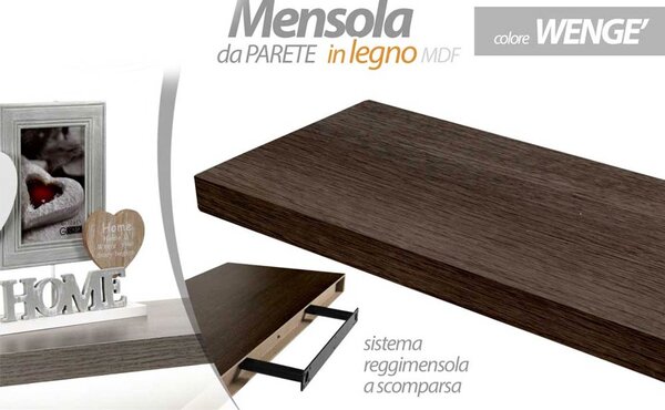 Mensola da Parete Rettangolare 60x25x4 cm Scaffale Libreria in Legno MDF Wenghe