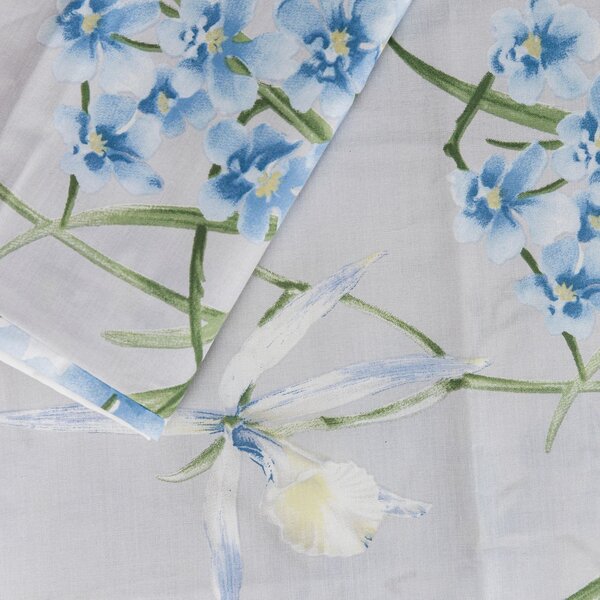 Completo Copripiumino In Percalle Orchidee Matrimoniale - 255X255 175X205 + 2 Federe 50X80 Emporium Floreale Azzurro Caleffi