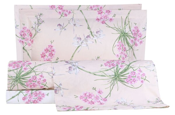 Completo Copripiumino In Percalle Orchidee Matrimoniale - 255X255 175X205 + 2 Federe 50X80 Emporium Floreale Rosa Caleffi