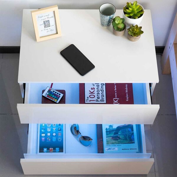 Comodino 60x45x39 cm Cassettiera 2 Cassetti Design con LED in Legno MDF Bianco