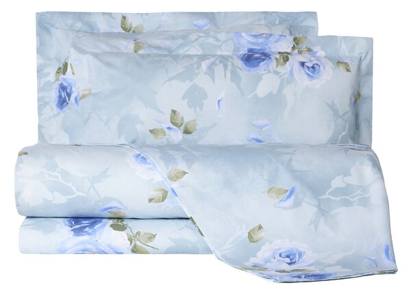 Completo Copripiumino In Percalle Precious-rose Matrimoniale - 255X255 175X205 + 2 Federe 50X80 Emporium Floreale Blu Caleffi