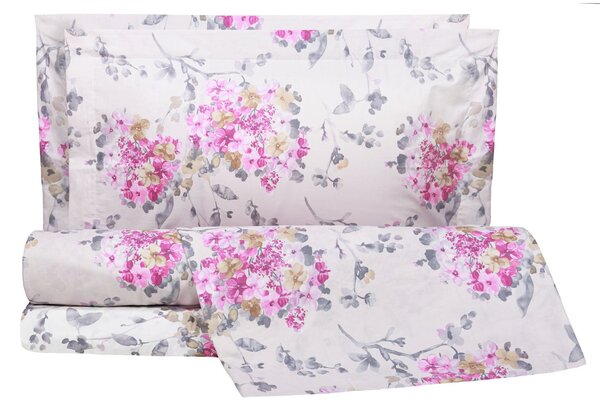 Completo Copripiumino In Percalle Hydra Matrimoniale - 255X255 175X205 + 2 Federe 50X80 Emporium Floreale Rosa Caleffi