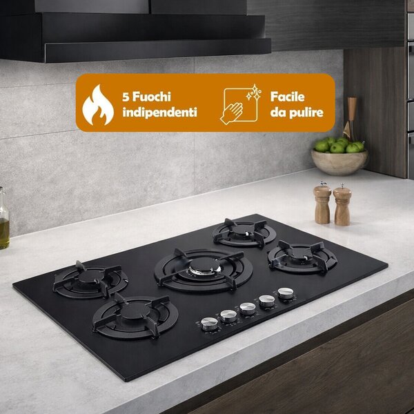 Piano Cottura a Incasso a Gas 5 Fuochi 86x51 cm con Valvola Sicurezza in Vetroceramica Nero