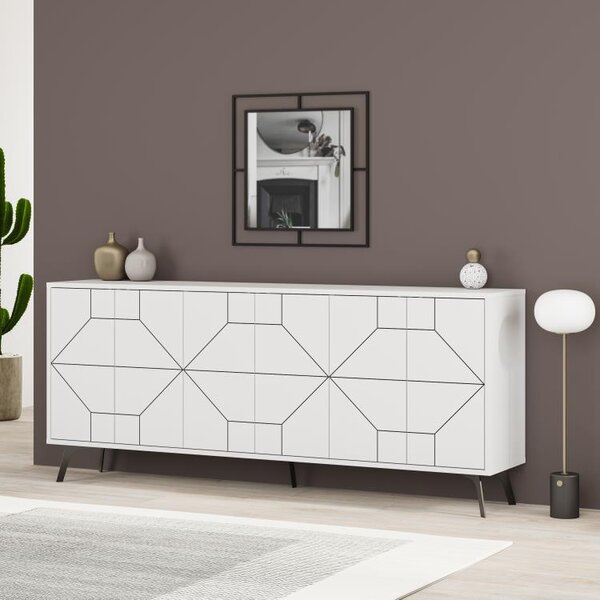 Madia con 6 Ante Credenza 184x35x77,4 cm Design Geometrico Moderno in Legno Rovere Bianco