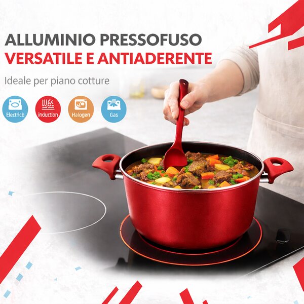 Set 3 Casseruole Milena con Coperchi e Mestoli Piano Cottura Universale Rosso