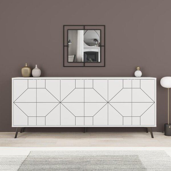 Madia con 6 Ante Credenza 184x35x77,4 cm Design Geometrico Moderno in Legno Rovere Bianco