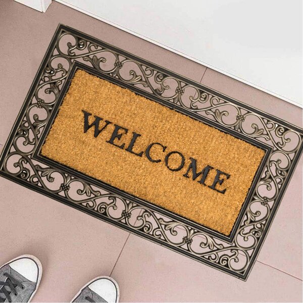 Tappeto 45x75 cm Zerbino Rettangolare Welcome In Fibra Di Cocco Beige e Marrone