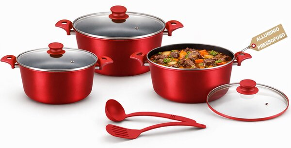 Set 3 Casseruole Milena con Coperchi e Mestoli Piano Cottura Universale Rosso