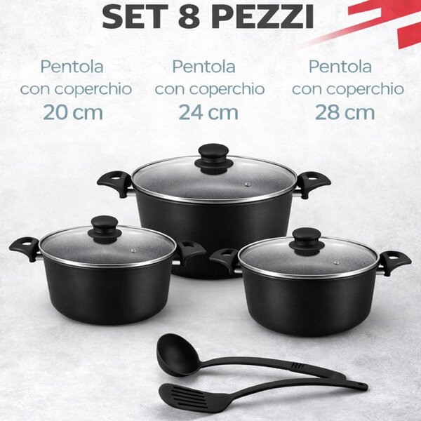Set 3 Casseruole Milena con Coperchi e Mestoli Piano Cottura Universale Nero