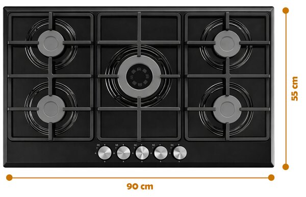 Piano Cottura 5 Fuochi Gas da Incasso 90x55 cm in Acciaio Nero e Ghisa