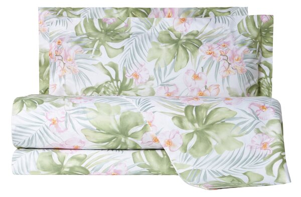 Completo Copripiumino In Percalle Daintree Forest Matrimoniale - 255X255 175X205 + 2 Federe 50X80 Emporium Floreale Rosa Caleffi