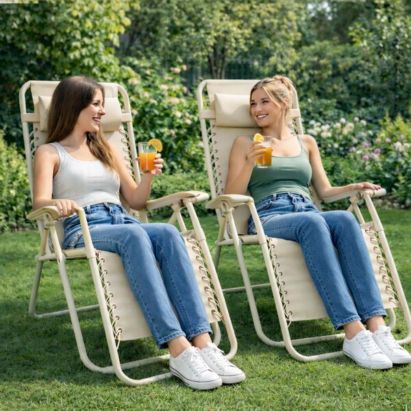 Set 2 Sedie Sdraio a Gravità Zero Sedia da Giardino Relax Pieghevole Salvaspazio Crema