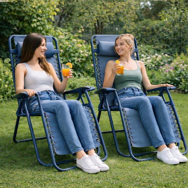 Set 2 Sedie Sdraio a Gravità Zero Sedia da Giardino Relax Pieghevole Salvaspazio Blu Scuro