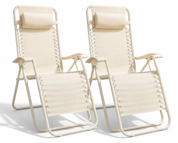 Set 2 Sedie Sdraio a Gravità Zero Sedia da Giardino Relax Pieghevole Salvaspazio Crema