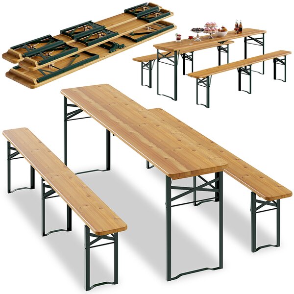 Set Birreria con 2 Panche e Tavolo Pieghevole 220x48x75 cm Panca Seduta Salvaspazio in Legno di Abete e Ferro Verde