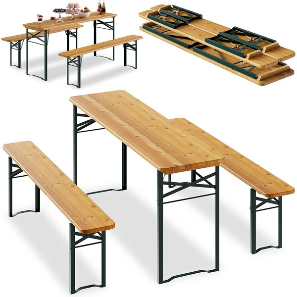 Set Birreria con 2 Panche e Tavolo Pieghevole 170x46x75 cm Panca Seduta Salvaspazio in Legno di Abete e Ferro