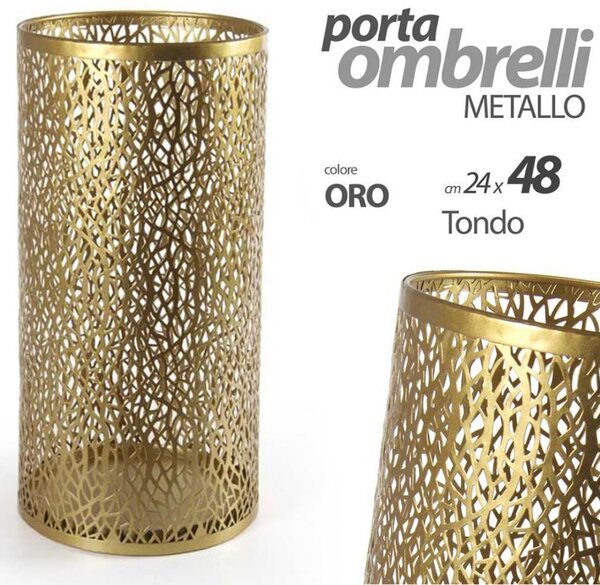 Portaombrelli Rotondo Ø24x48 cm con Vaschetta Salvagoccia in Metallo Oro