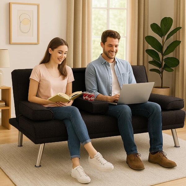 Divano Click-Clack 180x84x77 cm Convertibile in Letto 2in1 con Cuscini e Bracciolo con Portabibite in Tessuto Nero