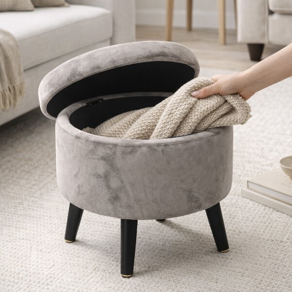 Pouf Contenitore Ø37x40 cm Sgabello Cassapanca Poggiapiedi Tessuto Velluto Tortora