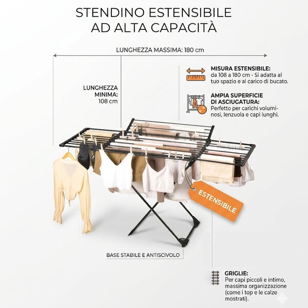 Stendibiancheria Allungabile 108-182 cm Stendino Salvaspazio Capacità 20 kg Estensibile in Ferro e PP Nero
