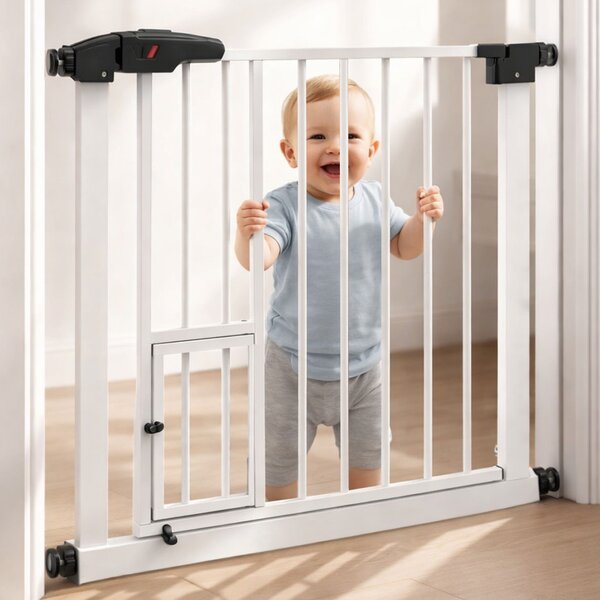 Cancelletto per Bambini Click-Clack 75x78 cm con Porta per Animali Domestici in Metallo Bianco